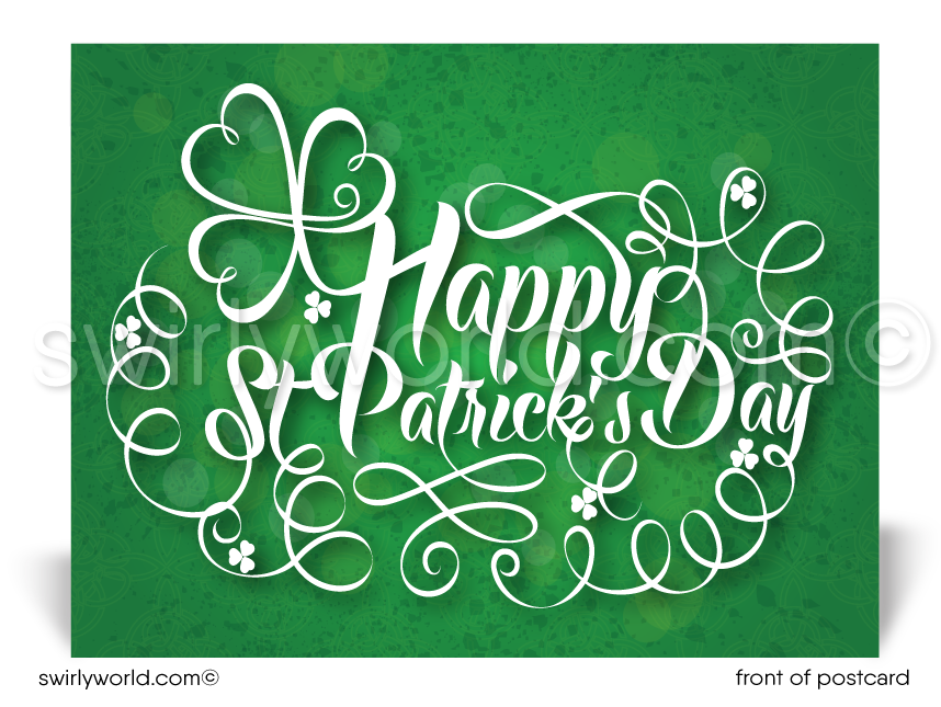 Lucky shamrock cartoon green happy St. Patrick's Day postcards for business marketing.