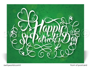 Lucky shamrock cartoon green happy St. Patrick's Day postcards for business marketing.