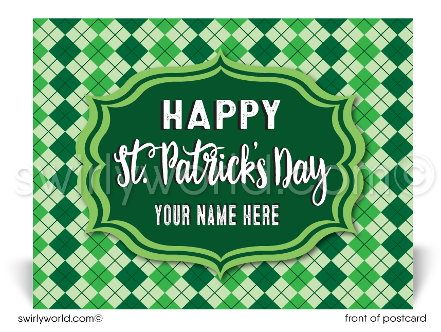 Lucky shamrock argyle pattern green happy St. Patrick's Day postcards for business marketing.