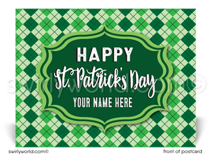 Lucky shamrock argyle pattern green happy St. Patrick's Day postcards for business marketing.