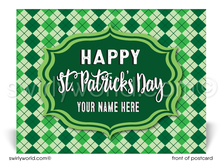 Lucky shamrock argyle pattern green happy St. Patrick's Day postcards for business marketing.