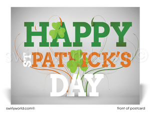 Lucky shamrock traditional green and orange happy St. Patrick's Day postcards for business marketing.