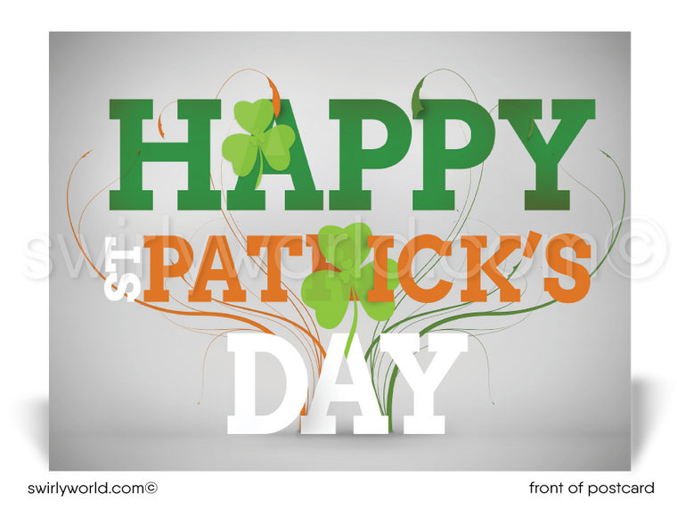 Lucky shamrock traditional green and orange happy St. Patrick's Day postcards for business marketing.