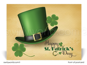 Lucky shamrock leprechaun top hat green happy St. Patrick's Day postcards for business marketing.
