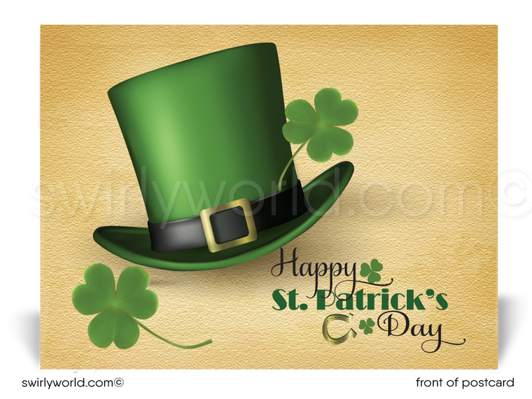 Lucky shamrock leprechaun top hat green happy St. Patrick's Day postcards for business marketing.