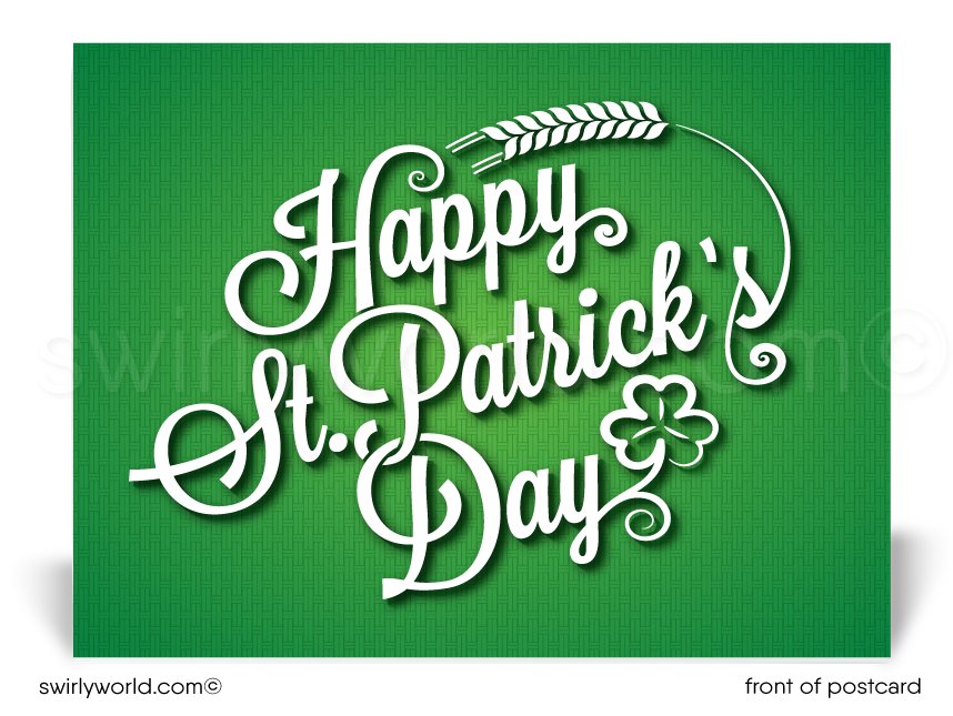 Lucky shamrock Irish green happy St. Patrick's Day postcards for business marketing.