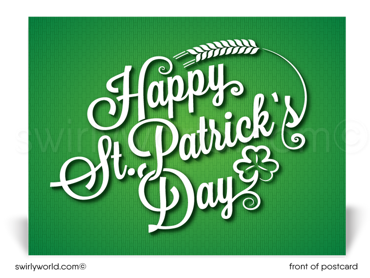 Lucky shamrock Irish green happy St. Patrick's Day postcards for business marketing.