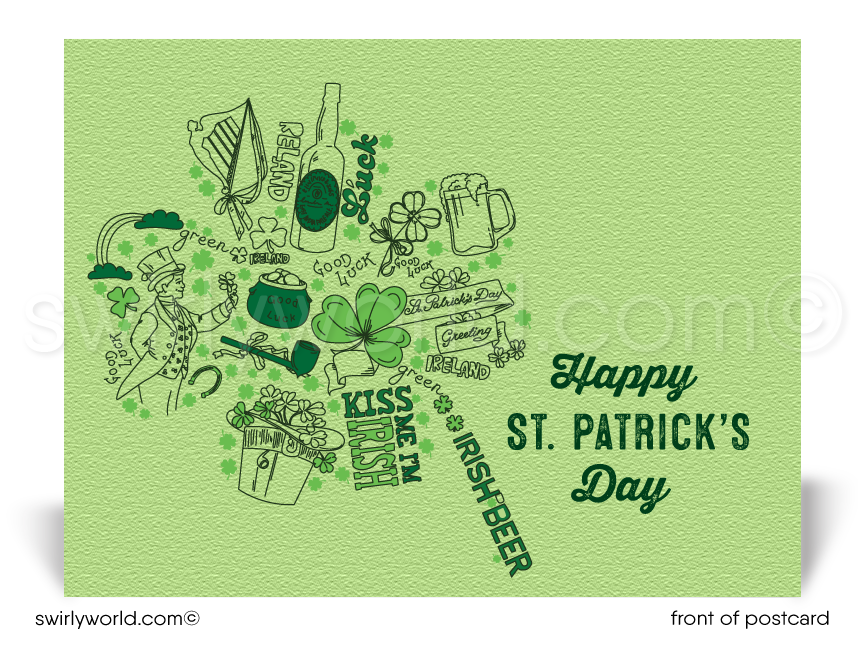 Lucky shamrocks vintage style Irish happy St. Patrick's Day postcards for business marketing.
