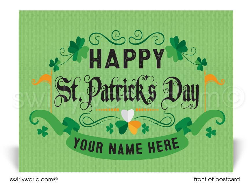 Lucky shamrock Irish green and gold traditional St. Patrick's Day postcards for business marketing.