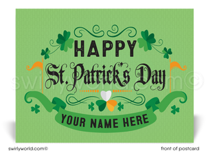 Lucky shamrock Irish green and gold traditional St. Patrick's Day postcards for business marketing.
