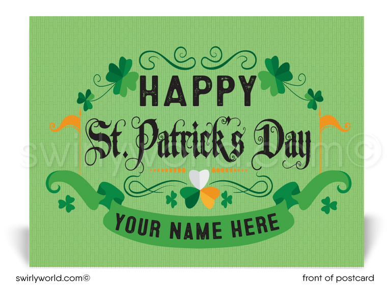 Lucky shamrock Irish green and gold traditional St. Patrick's Day postcards for business marketing.