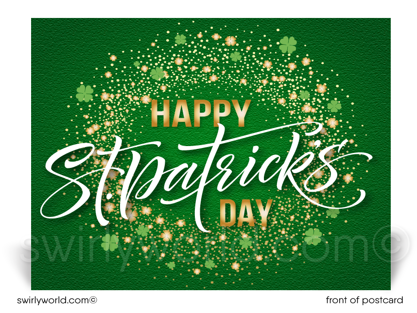 Lucky shamrock gold and green happy St. Patrick's Day postcards for business marketing.
