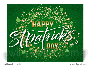 Lucky shamrock gold and green happy St. Patrick's Day postcards for business marketing.