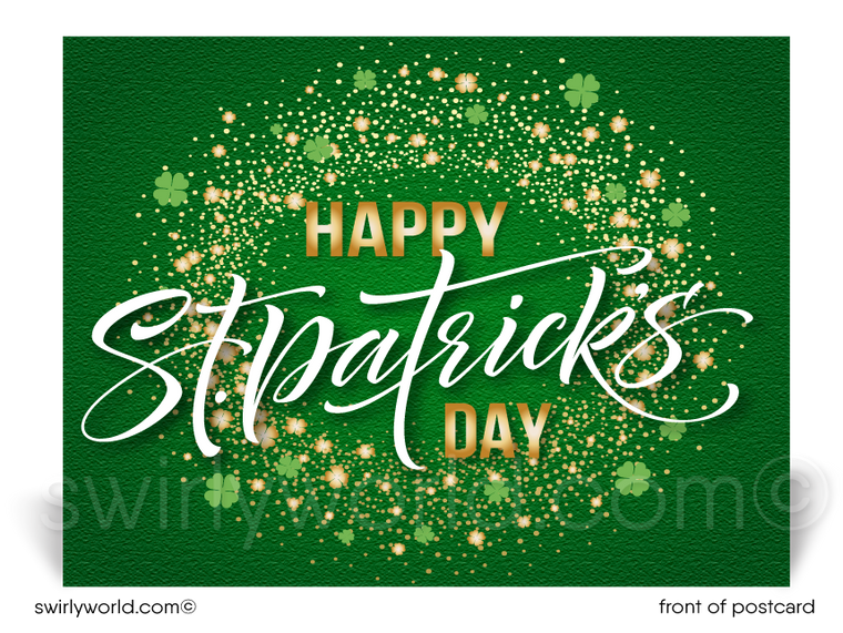 Lucky shamrock gold and green happy St. Patrick's Day postcards for business marketing.