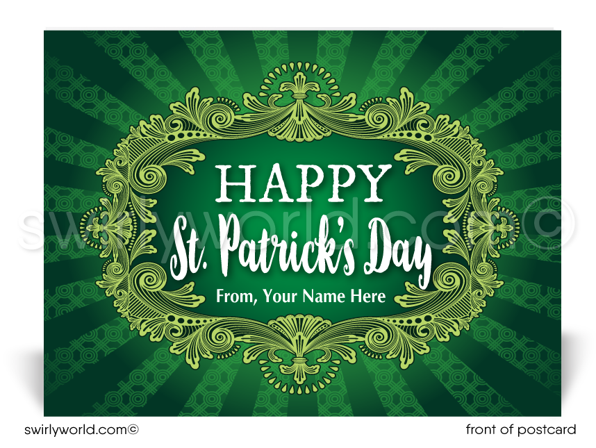 Lucky shamrock cartoon green happy St. Patrick's Day postcards for business marketing.