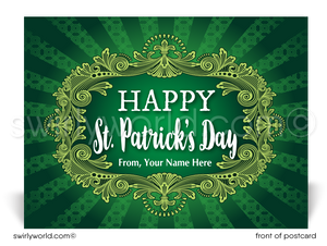 Lucky shamrock cartoon green happy St. Patrick's Day postcards for business marketing.