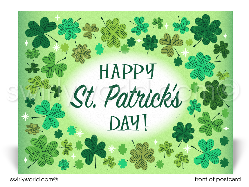 Celebrate St. Patrick’s Day with a retro 1950s-60s postcard featuring shamrocks, atomic starbursts & vintage typography. Perfect for clients & friends!