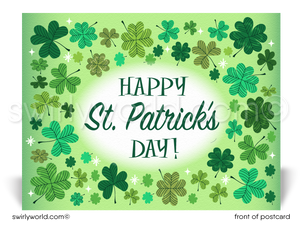 Celebrate St. Patrick’s Day with a retro 1950s-60s postcard featuring shamrocks, atomic starbursts & vintage typography. Perfect for clients & friends!
