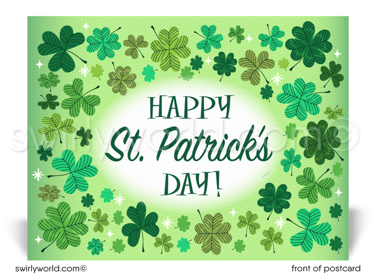 Celebrate St. Patrick’s Day with a retro 1950s-60s postcard featuring shamrocks, atomic starbursts & vintage typography. Perfect for clients & friends!