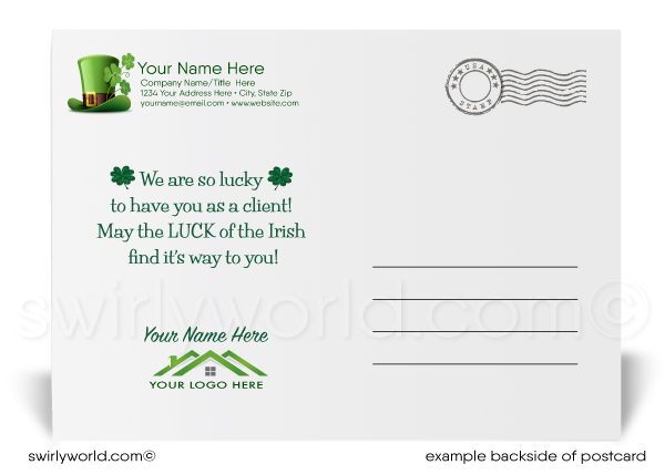 Lucky shamrocks retro mid-century atomic mod vintage style happy St. Patrick's Day postcards for business marketing.