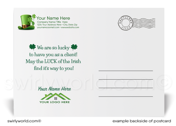 Celebrate St. Patrick’s Day with a retro 1950s-60s postcard featuring shamrocks, atomic starbursts & vintage typography. Perfect for clients & friends!