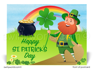 Lucky shamrocks Irish leprechaun with pot of gold and end of rainbow happy St. Patrick's Day postcards for business marketing.