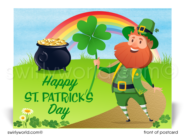 Lucky shamrocks Irish leprechaun with pot of gold and end of rainbow happy St. Patrick's Day postcards for business marketing.