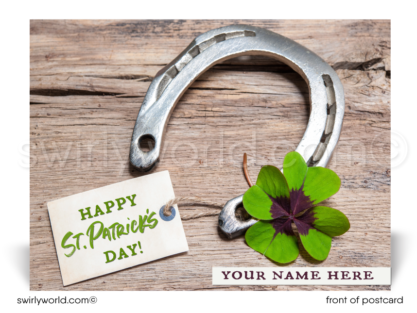 Lucky horseshoe shamrock Irish rustic green happy St. Patrick's Day postcards for business marketing.