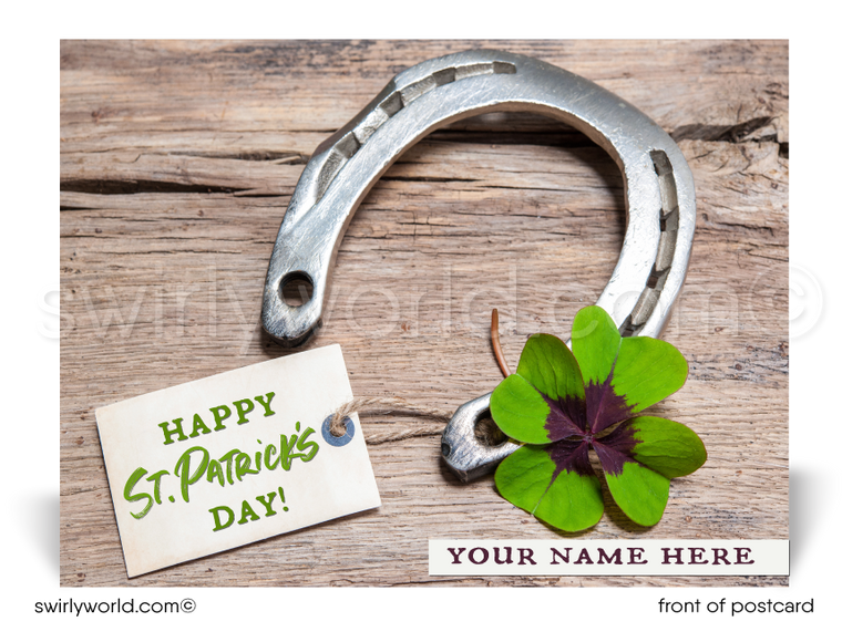 Lucky horseshoe shamrock Irish rustic green happy St. Patrick's Day postcards for business marketing.