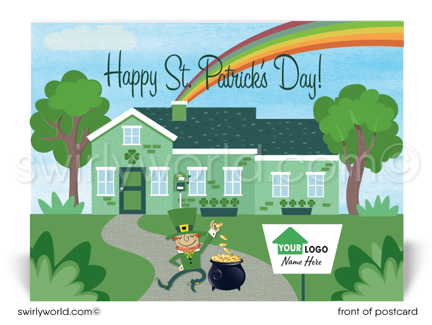 Lucky shamrocks Irish leprechaun with pot of gold and end of rainbow cute green house happy St. Patrick's Day postcards for Realtor® marketing.