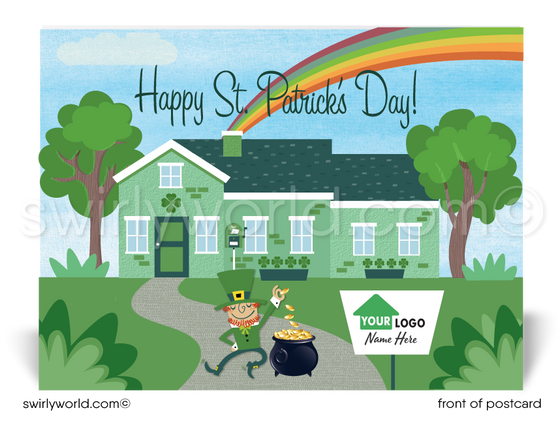 Lucky shamrocks Irish leprechaun with pot of gold and end of rainbow cute green house happy St. Patrick's Day postcards for Realtor® marketing.