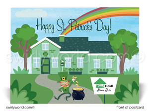 Lucky shamrocks Irish leprechaun with pot of gold and end of rainbow cute green house happy St. Patrick's Day postcards for Realtor® marketing.
