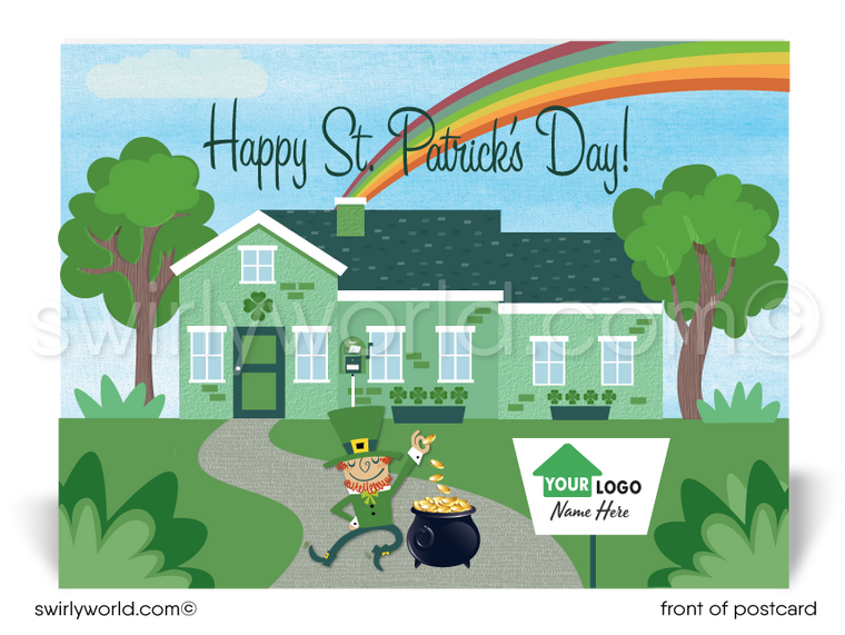 Lucky shamrocks Irish leprechaun with pot of gold and end of rainbow cute green house happy St. Patrick's Day postcards for Realtor® marketing.