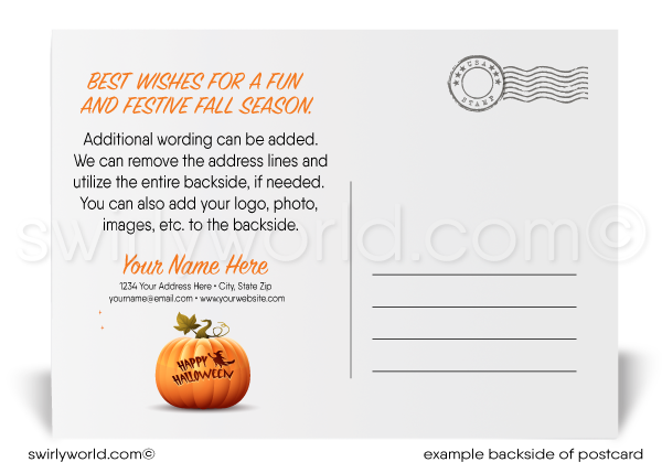 Happy Fall Y'all! Fun and festive autumn season happy Halloween postcards for business professionals. Client postcards for halloween marketing