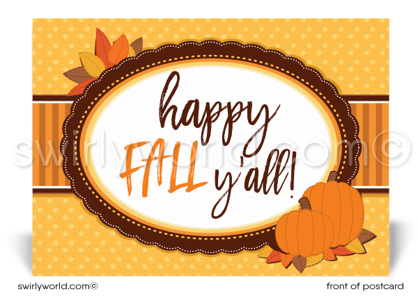 Happy Fall Y'all! Fun and festive autumn season happy Halloween postcards for business professionals. Client postcards for halloween marketing