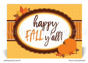 Happy Fall Y'all! Fun and festive autumn season happy Halloween postcards for business professionals. Client postcards for halloween marketing