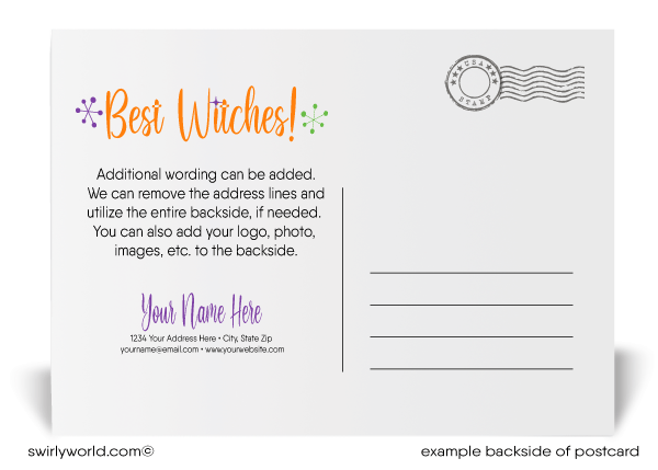 retro modern, cute, non-scary corporate company business Halloween Postcards. Black cat witch printed postcards for halloween