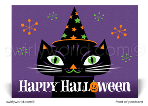 retro modern, cute, non-scary corporate company business Halloween Postcards. Black cat witch printed postcards for halloween