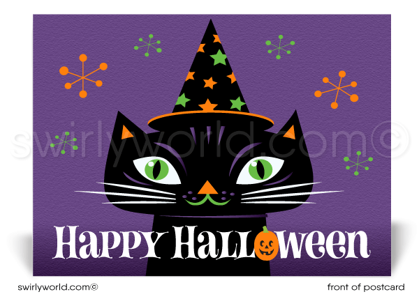 retro modern, cute, non-scary corporate company business Halloween Postcards. Black cat witch printed postcards for halloween