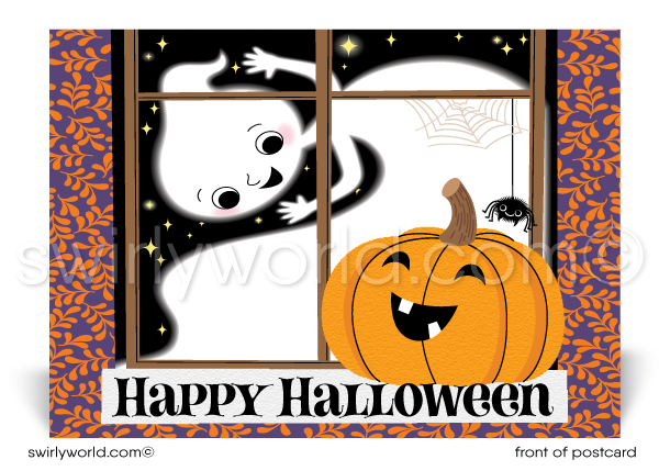 This adorable Halloween postcard design features a curious friendly ghost looking through a window at a cute jack-o-lantern pumpkin, set against a vivid starry night backdrop adorned with an adorable spider hanging from its web. 