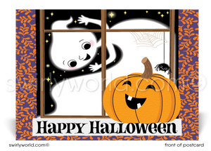 This adorable Halloween postcard design features a curious friendly ghost looking through a window at a cute jack-o-lantern pumpkin, set against a vivid starry night backdrop adorned with an adorable spider hanging from its web. 