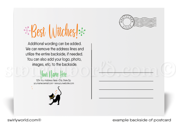 This postcard features a unique design featuring a green-faced witch stirring her magical cauldron with her cute black kitty cat, set against a vivid orange backdrop adorned with adorable spiders and ghost.