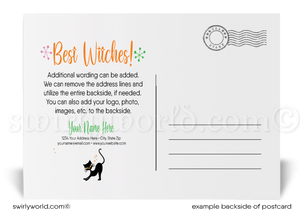 Retro Modern Cute Witch with Caldron and Black Cat Printed Happy Halloween Postcards