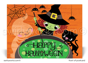 This postcard features a unique design featuring a green-faced witch stirring her magical cauldron with her cute black kitty cat, set against a vivid orange backdrop adorned with adorable spiders and ghost.