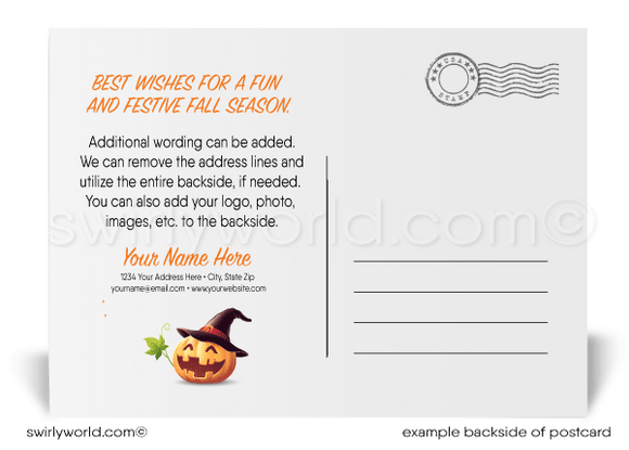 This postcard design features a whimsical "HAPPY HALLOWEEN" message adorned with spooky spiders and candy corn, set against a rustic wood backdrop