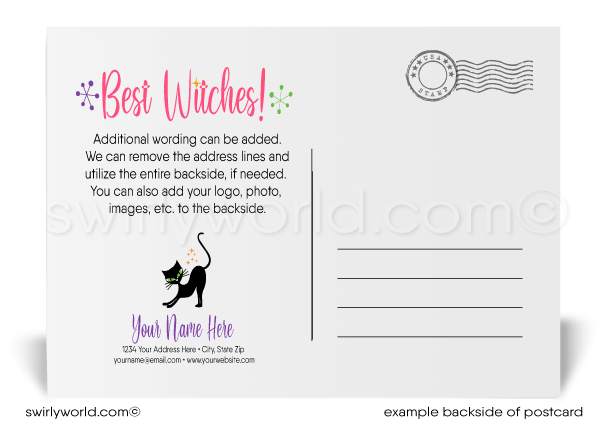 This Halloween postcard features a dramatic scene of a spooky black kitty cat, set against a vivid purple cityscape backdrop and bewitching full moon, adorned with retro starbursts and fluttering bats.