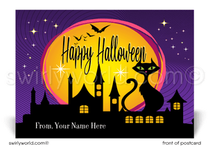 This Halloween postcard features a dramatic scene of a spooky black kitty cat, set against a vivid purple cityscape backdrop and bewitching full moon, adorned with retro starbursts and fluttering bats.