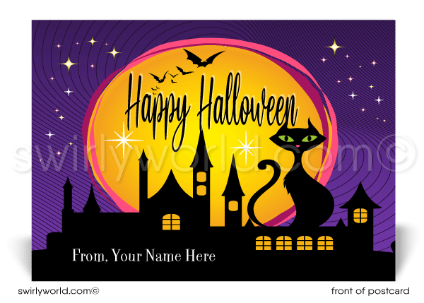 This Halloween postcard features a dramatic scene of a spooky black kitty cat, set against a vivid purple cityscape backdrop and bewitching full moon, adorned with retro starbursts and fluttering bats.