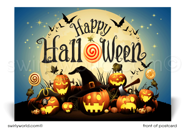 Cute, non-scary corporate company business Halloween Postcards. From the Office pumpkins happy halloween postcard images