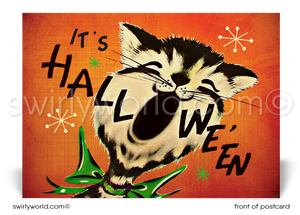 1950s mid-century retro vintage happy Halloween printed postcards. Vintage retro Halloween kitty cat.